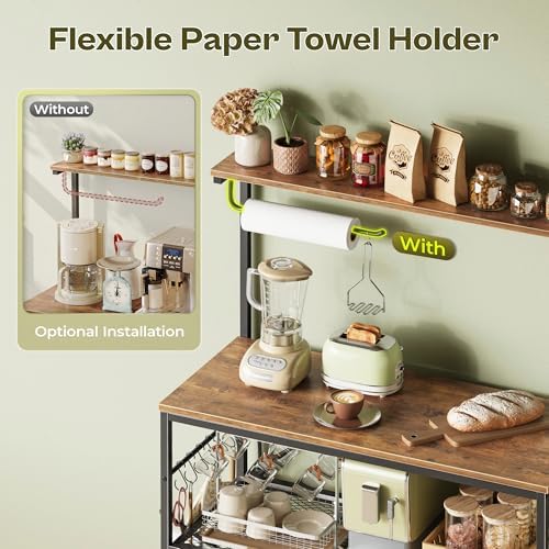 Huuger 4-Tier Bakers Rack with Reversible Power Outlet, 31.5 Inch Microwave Stand, Kitchen Coffee Bar, with Top Shelf, 6 S Hooks, Rustic Brown - Image 6