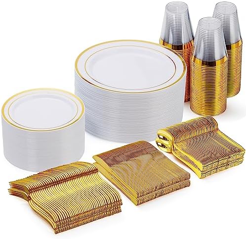 Goodluck 300 Pieces Gold Disposable Dinnerware Set for 50 Guests by GoodLuck