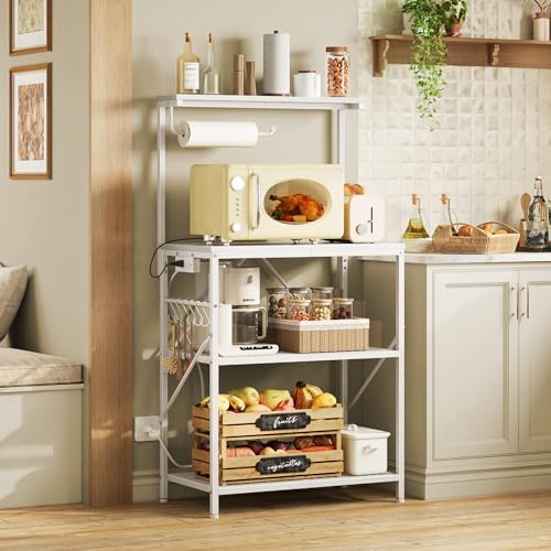 Huuger 4-Tier Bakers Rack with Reversible Power Outlet, 23.6 Inch Microwave Stand, Kitchen Coffee Bar, with Top Shelf, 6 S Hooks, White - Image 2
