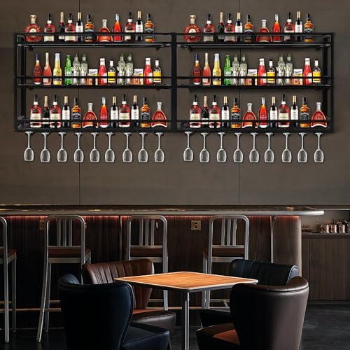 39 Inch Metal Wine Rack Wall Mounted, Bar Shelves for Liquor Bottles with LED Light, 3 Tier Large Capacity Liquor Rack Wall Mounted with Glass Holder for Home Bar & Dining Room, Black - Image 6