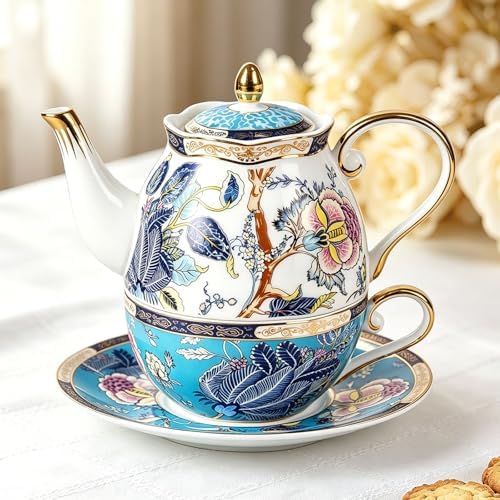 KAMMAK Tea for One Set, Ceramic Teapot, Bone China Tea Set, Cup and Saucer - Image 3