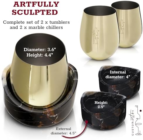 Gusto Nostro Marble Wine Chiller for Glass & Stainless Steel Tumbler Set of 2 - Wine Glass Chiller Holder for Freezer - Cool Set of Chillers & Stemless Wine Metal Tumblers for Home, Bar (Black & Gold) - Image 6