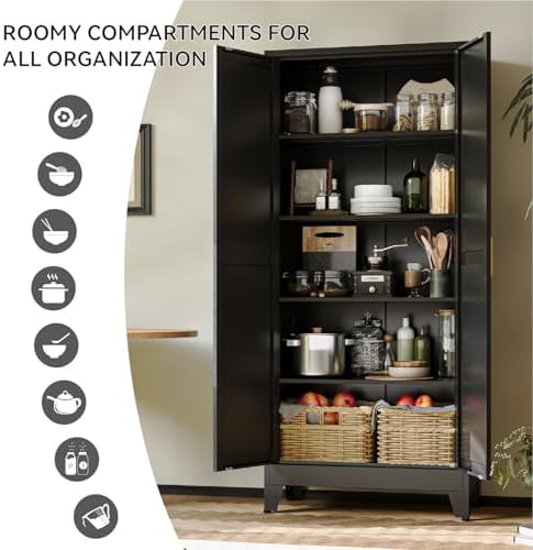 COFaR 71" Modern Pantry Cabinet in Black, 5-Tier Storage Cabinet with Adjustable Shelves, Industrial Steel Cupboard for Kitchen, Office & Living Room Organization - Image 4