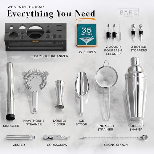 BARE BARREL® Mixology Bartender Kit Bar Set | 16-Piece Cocktail Shaker Set | Martini Barware Mixing Tools for Home Bartending | Incl. 35 Recipe Cards | Gift Set (24oz Cobbler Shaker, Silver/Black) - Image 4