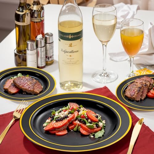bUCLA 600PCS Black and Gold Disposable Dinnerware Set - Black Plastic Plates Disposable for Party Include 100 Dinner&100 Dessert Plates,100 Knives,100 Forks,100 Spoons,100 Cups for Party & Graduation - Image 4