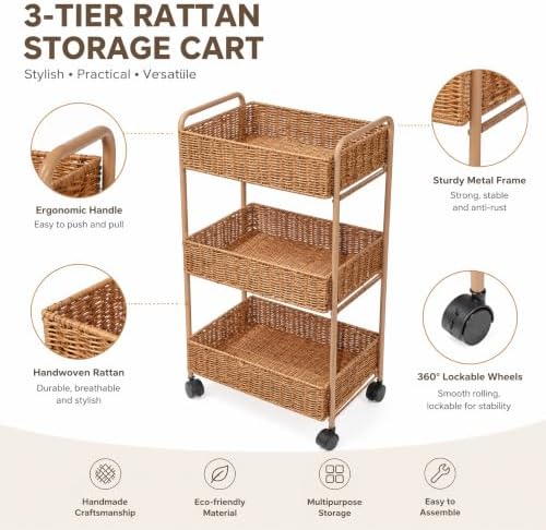 FOCHIER F Utility Storage Cart,3-Tier Rolling Kitchen Office Laundry Room Cart with Wheels,Mobile Shelving Unit Organizer for Living Room,Bathroom, Baby Diaper Cart,Art,Dining Room - Image 5