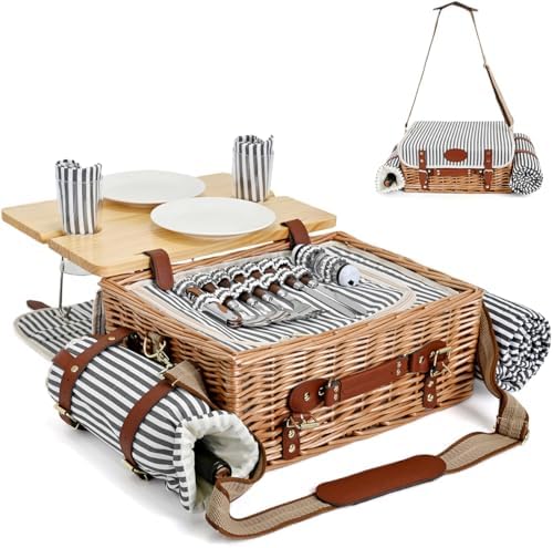 Multifunctional Wicker Picnic Basket Set for 2 with Blanket and Picnic Table, Insulated Picnic Set with Full Tablewares for Camping Outdoor Couples, Stripes by SatisInside