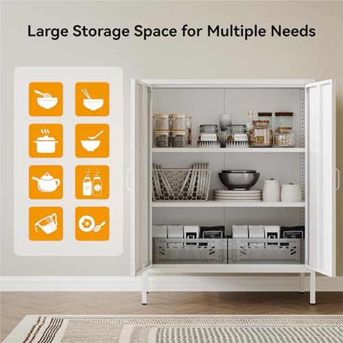 COFaR White Metal Storage Cabinet, 40” Kitchen Buffet & Coffee Bar Cabinet with Adjustable Shelves, 3-Tier Steel Organizer with Magnetic Doors, Sideboard for Dining Room, Home Office - Image 6