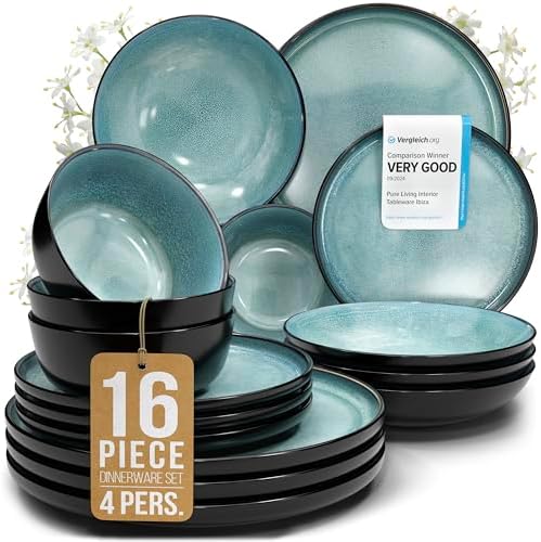 16 Piece Stoneware Dinnerware Set for 4, Handcrafted Plates and Bowls Set by PURELIVING