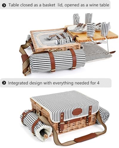 Multifunctional Wicker Picnic Basket Set for 4 with Blanket and Picnic Table, Insulated Picnic Set with Full Tablewares for Camping Outdoor Couples, Stripes - Image 3