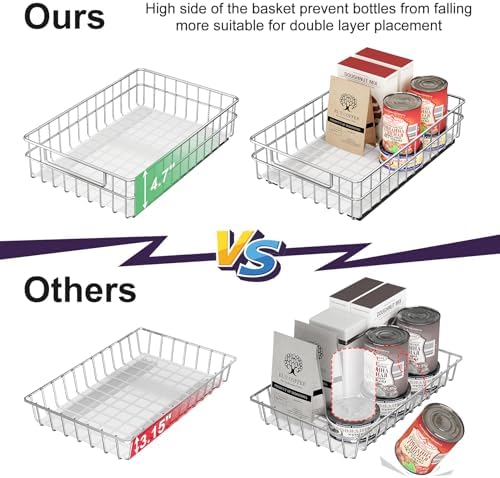 Pull out Cabinet Organizer, Stainless Steel 2-Pack (9.8"W x 16.5"D) Full-Extension Slide out Drawer, Adhesive Roll out Can Spice Storage Basket Shelf Rack for Pantry, Kitchen, Bathroom, Home Closet - Image 4