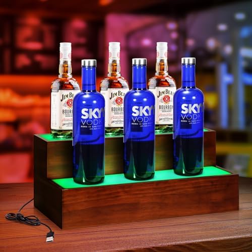 2 Pack LED Liquor Bottle Display Shelf , 2 Tier Real Wood Bar Shelves for Liquor Bottles, Lighted Bar Bottle Display Shelves with Remote, Bottle Organizer for Home Bar, Holds Up to 20 Bottles - Image 5