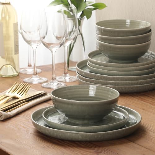 Gibson Elite Eclipse Swirls Plates and Bowls Sets, 12-Piece Stoneware Dinnerware Sets, Reactive Glaze Dish Set - Green - Image 7