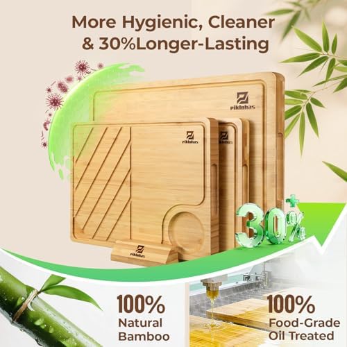 Piklohas Bamboo Cutting Boards Set of 4 for Kitchen with Wood Storage Stand - Image 7