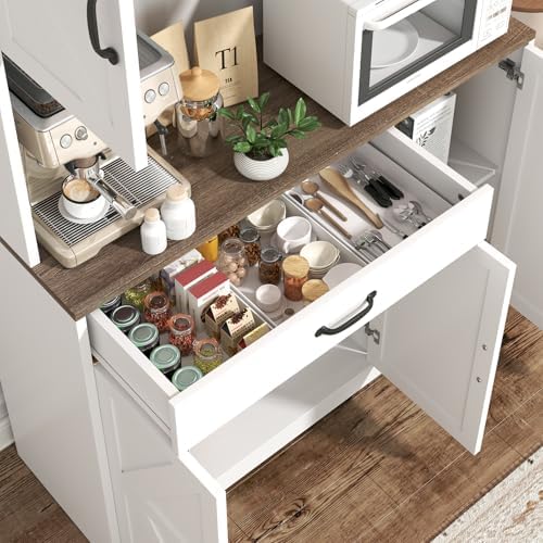 GRUSIGN 71" Pantry Cabinet with Charging Station, Large Capacity Kitchen Hutch Storage Cabinet, Kitchen Cabinet with Microwave Stand, Storage Drawers & Adjustable Shelves for Dining Room, White - Image 7