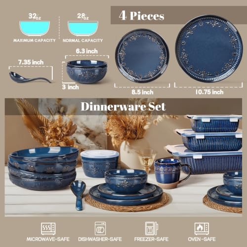 Artena 4-Piece Handcrafted Ceramic Dinnerware Set, Service for 1 – Reactive Glaze Embossed Plates, Bowls & Soup Spoons Included, Dishwasher & Microwave Safe, Blue, Damask Floral - Image 2
