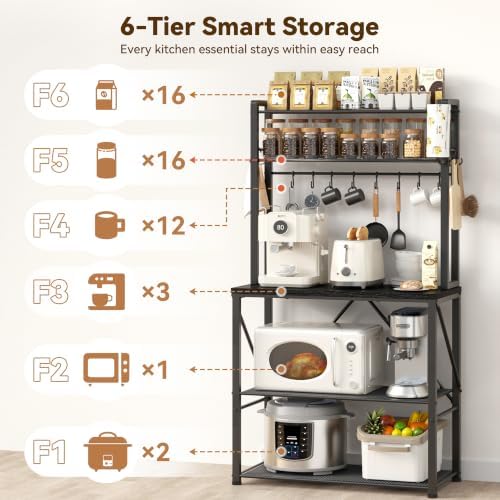 YASONIC Coffee Bar, Bakers Rack with Storage, 25.6 Inches Microwave Stand, 5 Tier Kitchen Shelves Appliance Storage, 12 S Hooks Large Coffee Station for Spices, Pots and Pans, Black - Image 4