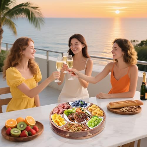 360° Rotating Lazy Susan Cheese & Charcuterie Board Set - 13.5" Acacia with Built-in Slate Chiller, 3 Ceramic Bowls & 2 Cheese Knives - Housewarming, Birthday & Wedding Gift - Image 3
