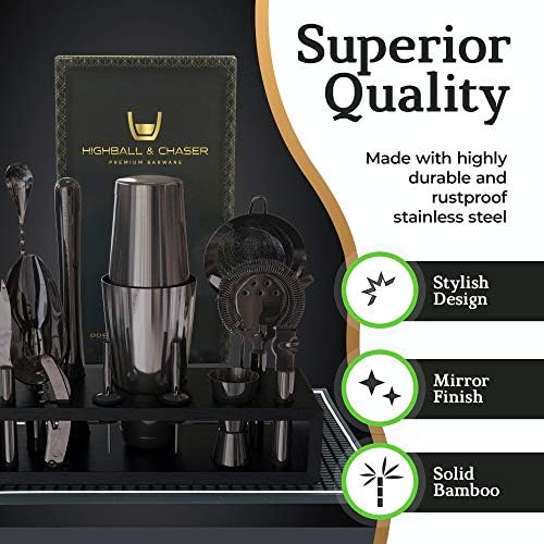 Highball & Chaser 13-Piece Gunmetal Black Stainless Steel Boston Cocktail Shaker Bar Tool Set with Mixology Bartender Kit Accessories - Image 4