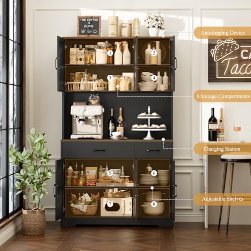 HOSTACK 71"H Kitchen Pantry Storage Cabinet, Farmhouse Hutch Cabinet, Black - Image 5