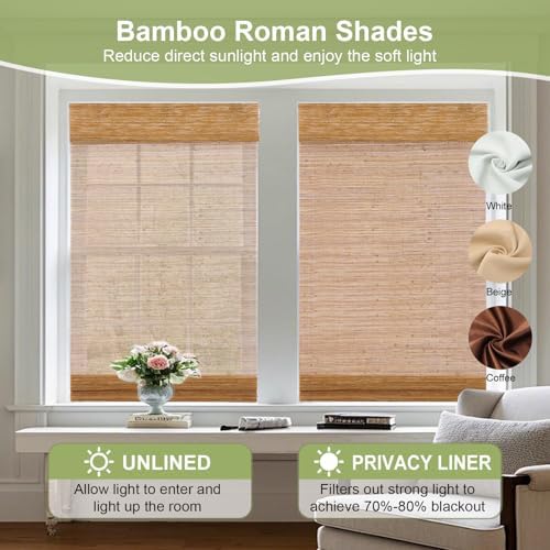 Aimnid Natural Cordless Woven Wood Shades for Windows, Light Filtering & Privacy Protection Bamboo Roman Shades, Custom Jute Bamboo Blinds with Valance for Kitchen, Indoor Windows, Patio, Serene Sand - Image 5