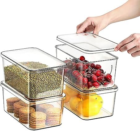 Clear Storage Bins With Lids,4 Packs Food Storage Organizer,Stackable Kitchen Cabinet,Bathroom Basket,Fridge Organization.Pantry Transparent Containers For Fruits,Drinks by sgoostood