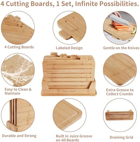 4 Piece Bamboo Cutting Boards Set with Food Icons & Stand, 12.6"L x 9"W - Image 3
