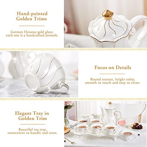 DUJUST 14 pcs Tea Set for 6 with Tea Tray & Spoons, Luxury British Style Coffee Cup Set with Golden Trim, Beautiful Porcelain Set for Living Room Decor, Tea Party Set, Gift Package - White - Image 4
