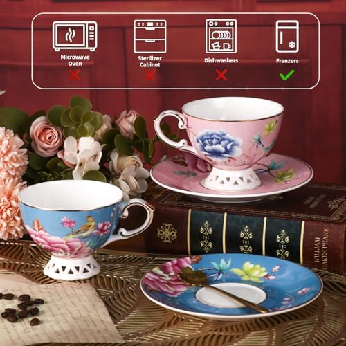 KAMMAK Tea Cups and Saucers Set of 2, Fine Bone China Coffee Cups, GH019 - Image 2