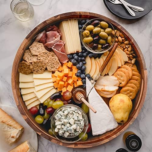 Large Round Wood Serving Tray, Wooden Trays with Handles for Ottoman Table, Vintage Acacia Tray Circle Wood Tray for Indoor Outdoor Organization and Decoration, Including 4 Round Wooden Coasters - Image 5