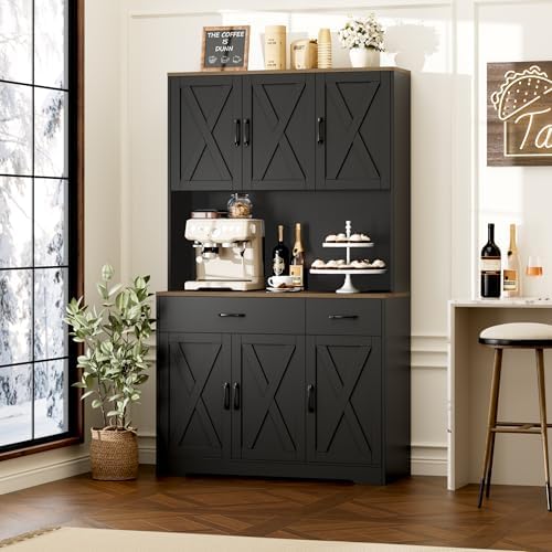 HOSTACK 71"H Kitchen Pantry Storage Cabinet, Farmhouse Hutch Cabinet, Black - Image 4