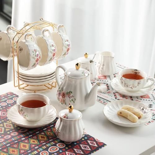 Sweejar Home Porcelain Tea Sets British Royal Series, 8 OZ Cups & Saucer Service for 6, with Teapot Sugar Bowl Cream Pitcher Teaspoons and Tea Strainer, Suitable for High Tea, Wedding, Party（Beige） - Image 4