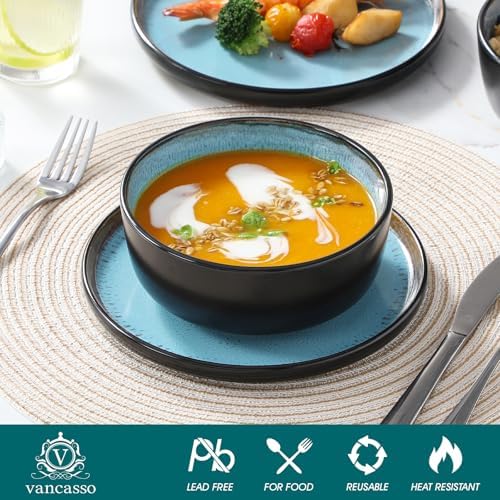 vancasso Plates and Bowls Sets, 18 Pieces Stoneware Dinnerware Sets for 6, Kitchen Dish Set Mircowave and Dishwasher Safe Ceramic Dishware, Blue, Series AMBER - Image 3