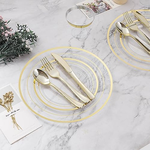 BESTVIP 300PCS Plastic Dinnerware Set, Clear Gold Disposable Plates - Image 6