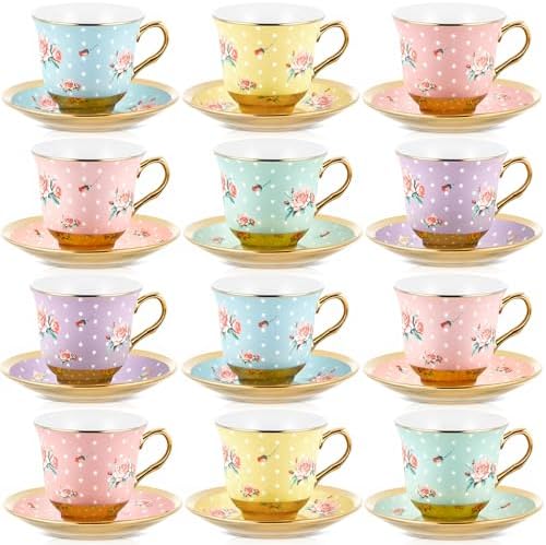 Teenyyou Set of 12 Tea Cups and Saucers, Vintage Style, 5.4 oz by Teenyyou