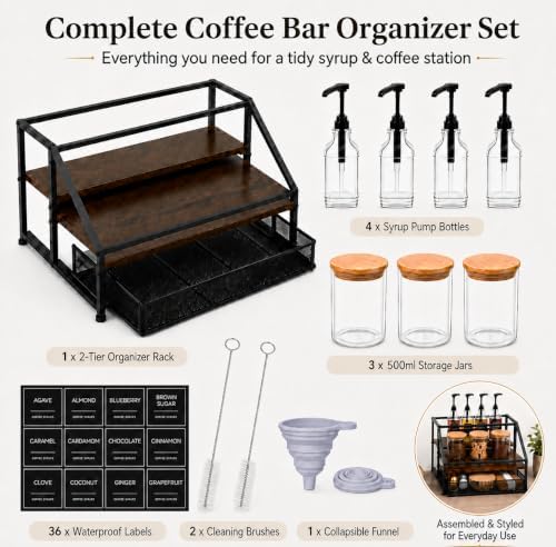 Coffee Bar Syrup Dispenser Set, 4 Pack 16.9oz/500ml Glass Syrup Dispensers with 1/4 oz Pumps & Stand, 2-Tier Coffee Bar Organizer Rack with 3 Storage Jars, 36 Labels, Brushes & Funnel - Image 2