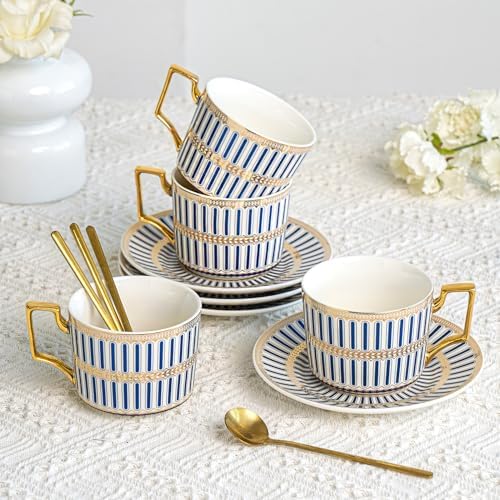 CwlwGO-Ceramic Coffe Cups and Saucer Sets,British Bone China Blue Gold Tea Cup and Saucers Service for 4,Gifts Box, China Tea Set, Tea Sets for Women and Adults. by HappleCwlwgoHome
