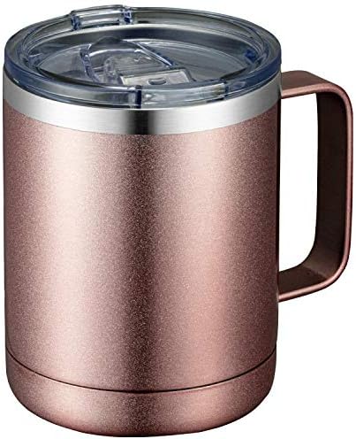 MEWAY 12oz Coffee Mug With Handle and Sliding Lid,Stainless Steel Travel Tumbler Cup with Handle,Double Wall Vacuum Insulated Camping Cup for Hot & Cold Drinks Tea (Rose Gold，Set of 1) by MEWAY