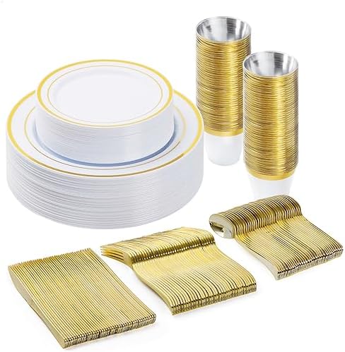 BESTVIP 150PCS Plastic Dinnerware Set, Gold Disposable Plates by Bestvip