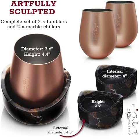Gusto Nostro Marble Wine Chiller for Glass and Stainless Steel Tumbler Set of 2 - Wine Glass Chiller Holder for Freezer - Cool Set Chillers & Stemless Wine Metal Tumblers for Home,Bar (RoseGold Black) - Image 6