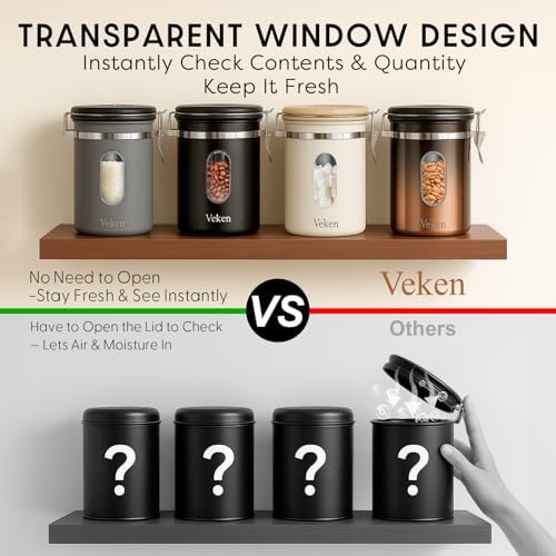 Veken Coffee Canister with Window, Airtight Stainless Steel Container,Date Tracker, Kitchen Food Storage Jars for Beans, Ground, Espresso, Rice,Tea, Sugar, Cereal, Gifts, Scoop, Grey, 22OZ (Pack of 2) - Image 2