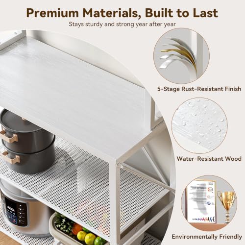 YASONIC Coffee Bar, Bakers Rack with Storage, 25.6 Inches Microwave Stand, 5 Tier Kitchen Shelves Appliance Storage, 12 S Hooks Large Coffee Station for Spices, Pots and Pans, White - Image 6
