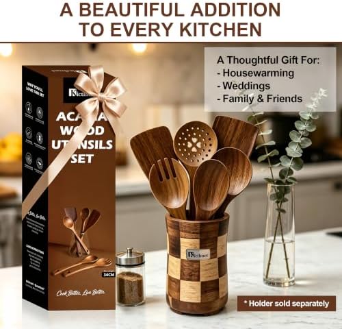 Acacia Wood Utensil Set,6 Piece, Heart Series Wooden Cooking Tools with 13.4" Long Handle Wok Spatula, Serving Spoon, Slotted Spoon, Frying Spatula, Salad Fork and Mixing Spoon - Image 5