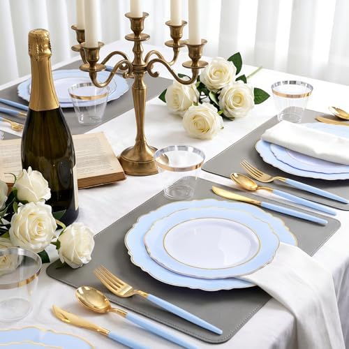 WDF 150pieces Baby Blue Plastic Plates with Gold Rim - Disposable Gold Plastic Silverware With Blue Handle-Baroque Light Blue&Gold Disposable Plates Dinnerware for Wedding/Party/Baby Shower - Image 3
