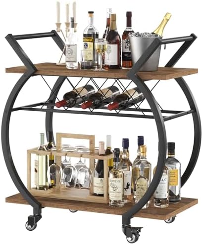 LVB Industrial Bar Cart, Beverage Serving Cart with Wheels, Rustic Brown by LVB