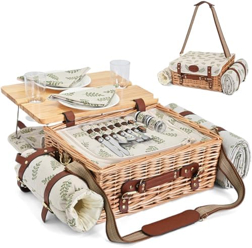 Multifunctional Wicker Picnic Basket Set for 2 with Blanket and Picnic Table, Insulated Picnic Set with Full Tablewares for Camping Outdoor Couples,Leaf by SatisInside