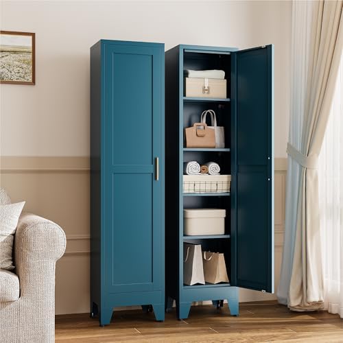 YAUWOH Narrow Metal Storage Cabinet, Tall Freestanding Cabinet with 4 Adjustable Shelves & Barn Doors, Pantry Organizer for Bathroom Kitchen Home Office Dining Room（1PC,Blue - Image 2