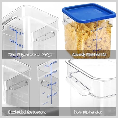 4 Pack Food Storage Containers with Blue Lids, 8.0 Qt - Square, Clear, Polycarbonate, for Restaurant Commercial Kitchen and Home party - Image 3