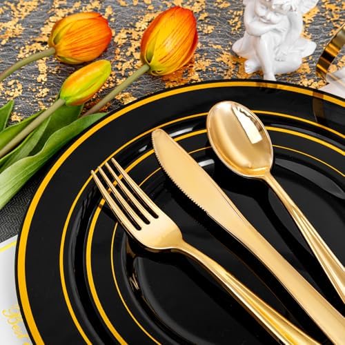 bUCLA 150 Pieces Black and Gold Disposable Dinnerware Set - 25 Guests Black Gold Plastic Plates Include 25 Dinner & 25 Dessert Plates, 25 Spoons, 25 Forks, 25 Knives, 25 Cups for Party & Graduation - Image 5