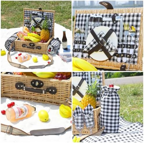 Picnic Basket for 2, Blanket & Insulated Wine Pouch, 16.6" Black - Image 3